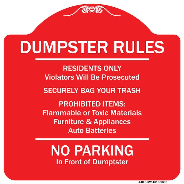 Signmission Residents Only Violators Prosecuted Bag Your Trash No Parking In Front Of Dumpster, RW-1818-9895 A-DES-RW-1818-9895 - main